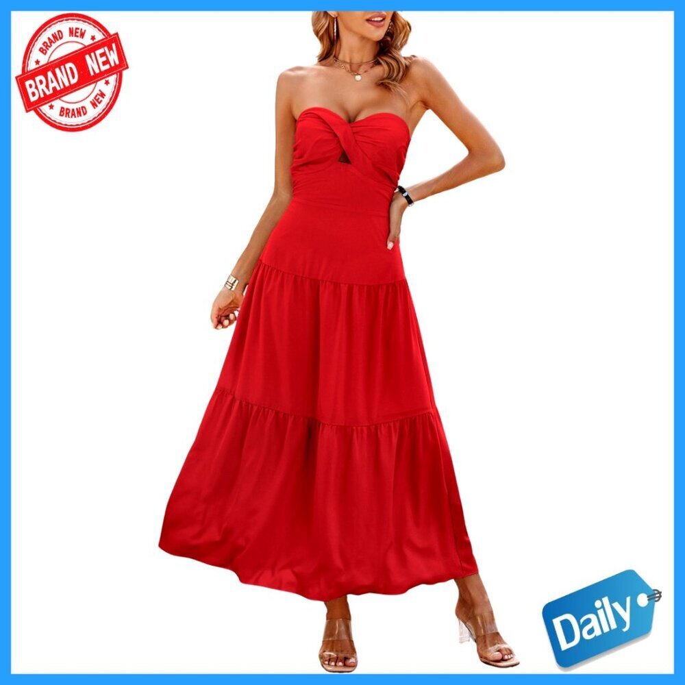 Strapless Maxi Dress Hollow Out Smocked Back A-Line Formal Summer Party Wear